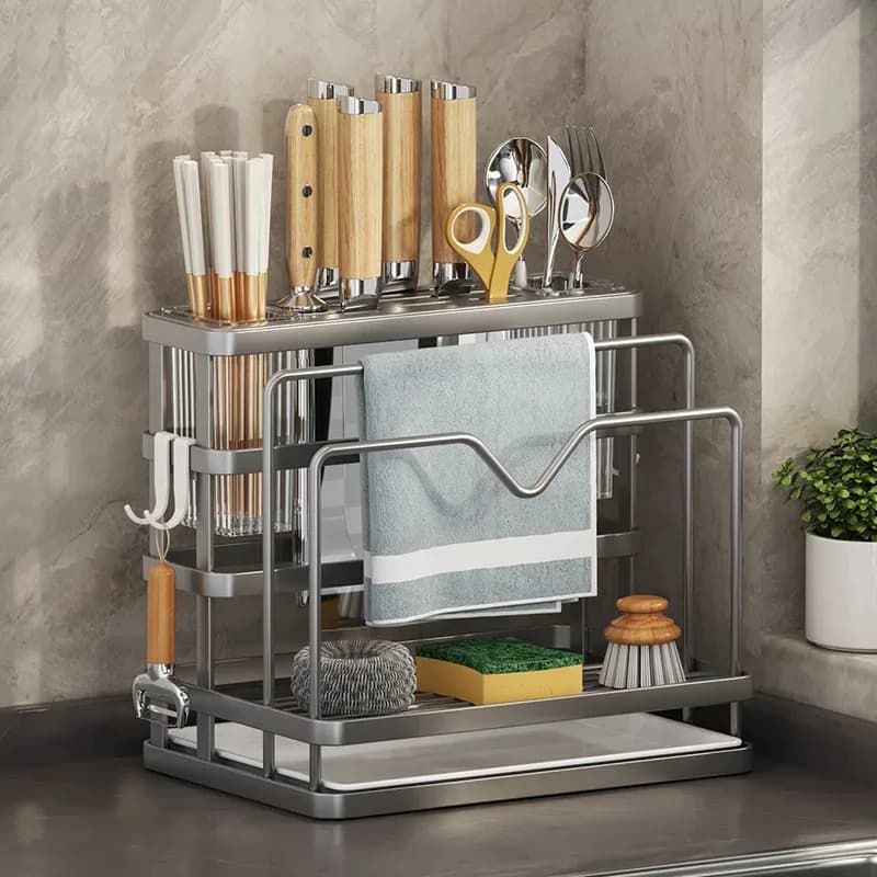 Stainless steel kitchen sink shelf Multi-function knife holder Sponge soap holder with counter towel