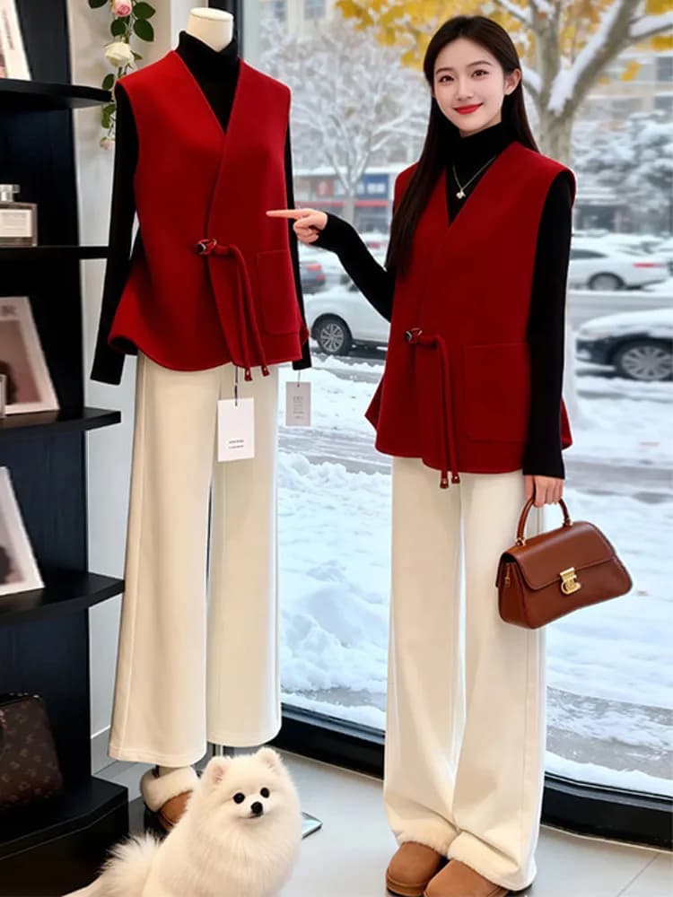 Red Short Coat Jacket Women's High-End Woolen Vest Autumn Winter New Style Casual Fashion Middle-Aged Women's Outerwear