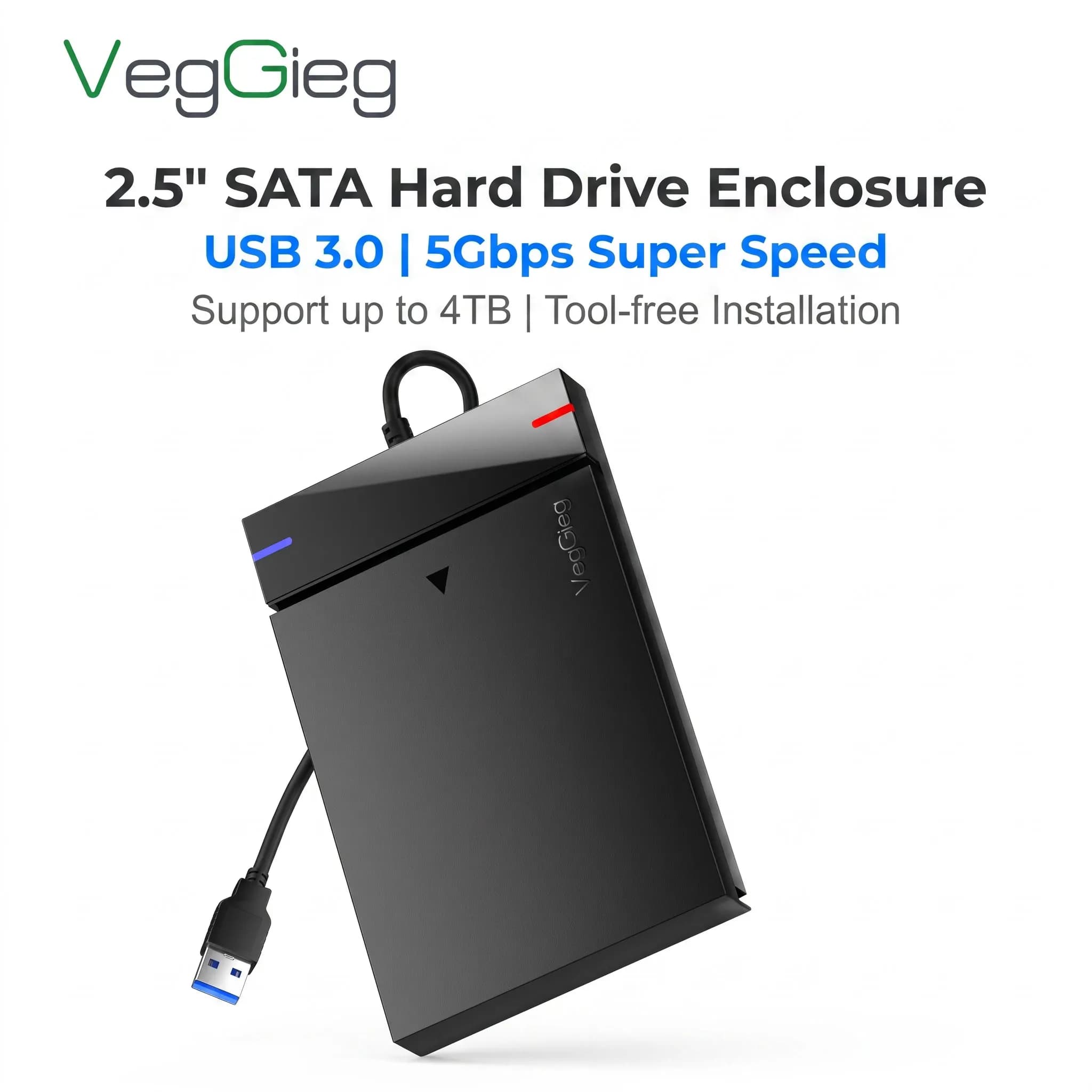VegGieg Box esterno USB 3.0 da 2,5 pollici per HDD/SSD SATA, adattatore portatile senza utensili da 5 Gbps per Mac e PC