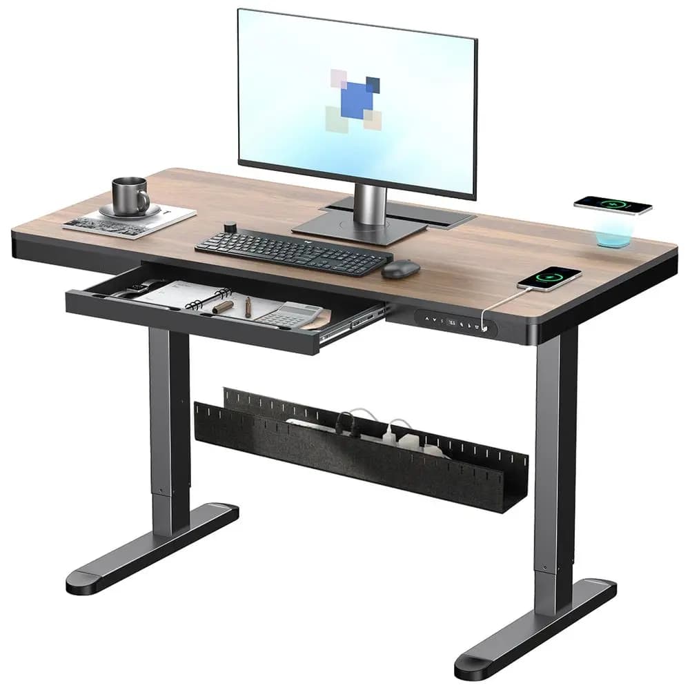 Scrivania Regolabile in Altezza con Cassetto e Ricarica Wireless, Scrivania Sit-Stand da 48 Pollici con Stazione di Ricarica USB, Vassoio Nascosto per Gestione Cavi
