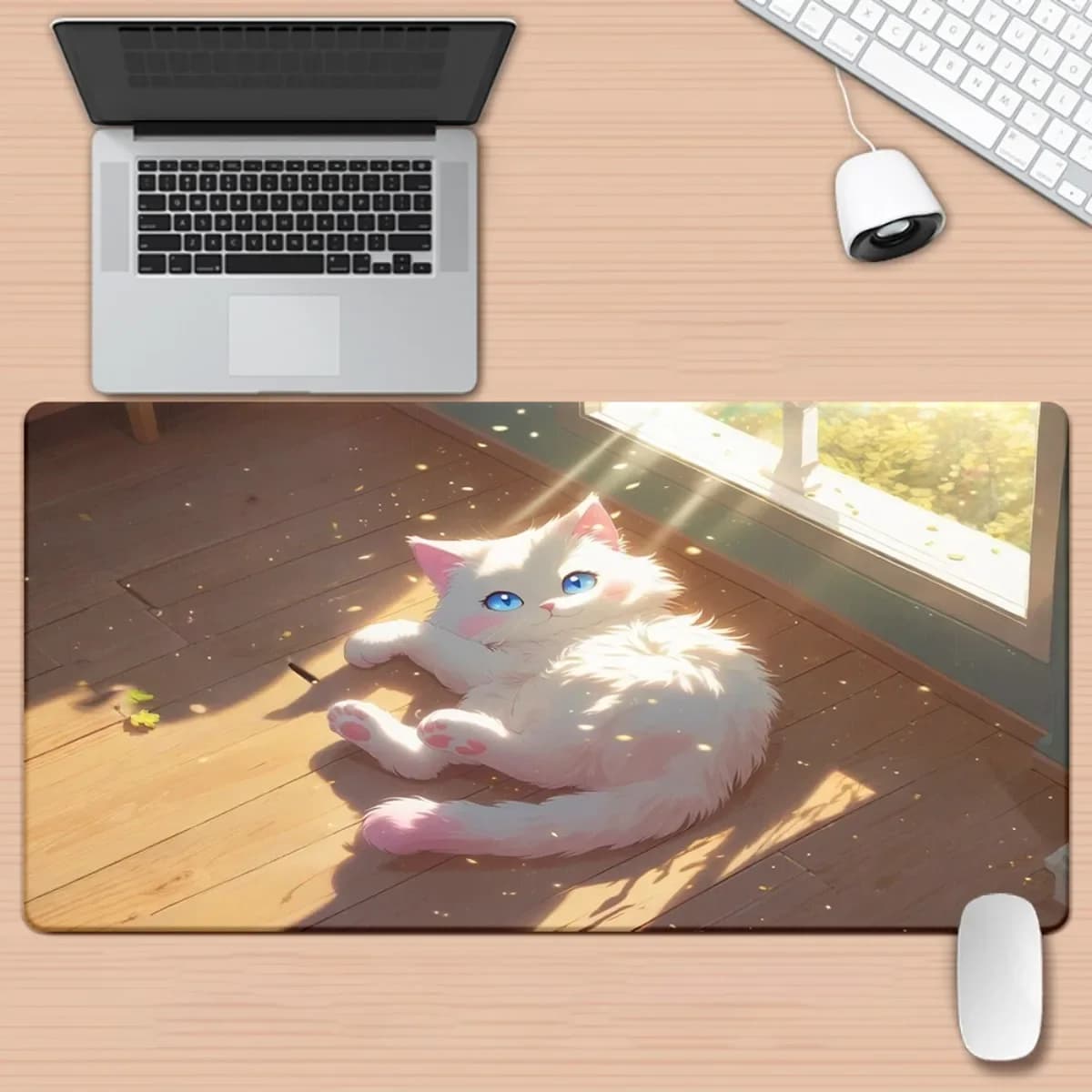 Tappetino da Scrivania con Gatto Bianco e Rosa, Base Antiscivolo in Gomma, Superficie Morbida, Tappetino per Mouse per Gaming, Ufficio, PC, Laptop e Regalo per Amanti dei Gatti