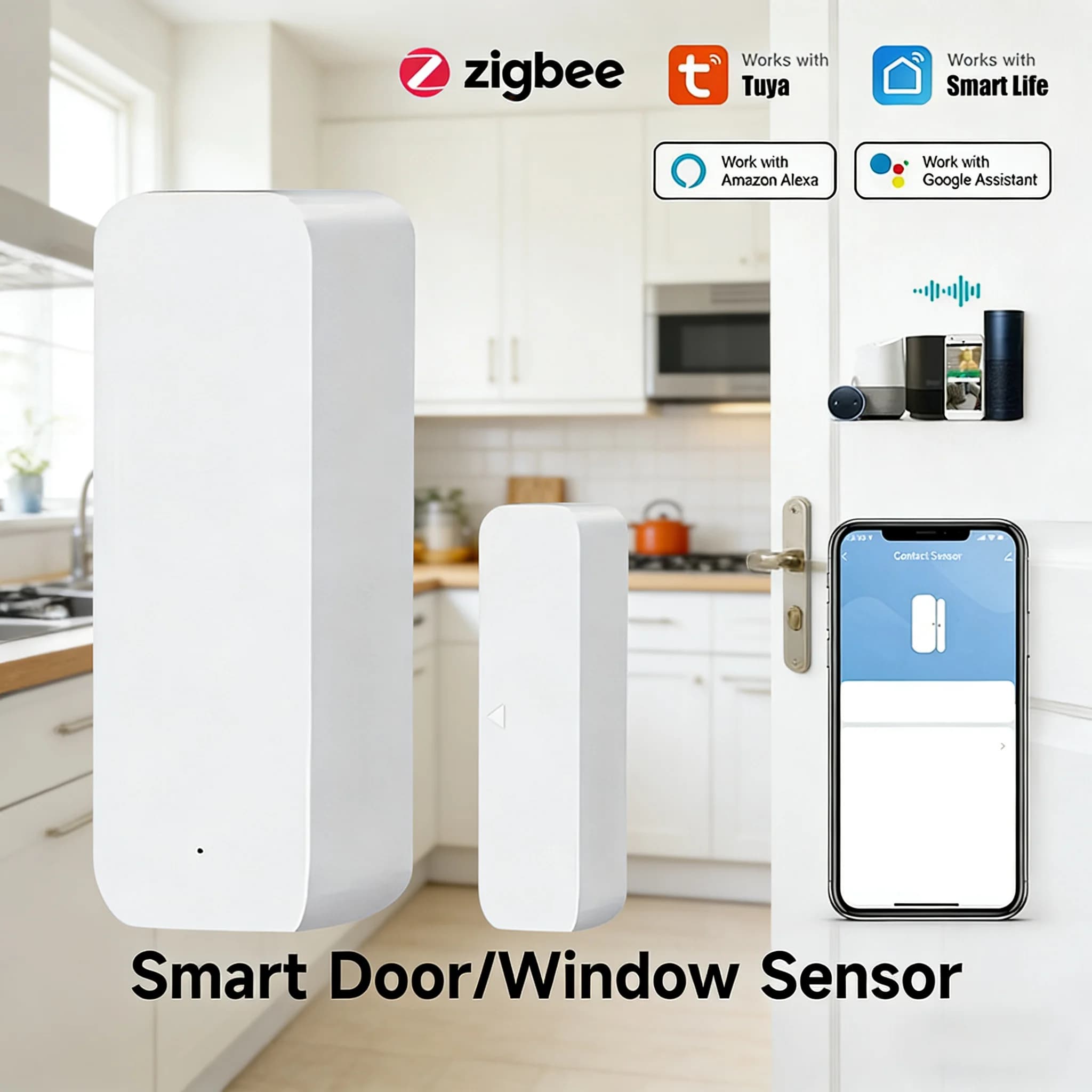 Sensore per Porte e Finestre Tuya Zigbee, Rilevatore di Apertura/Chiusura, Allarme di Sicurezza Domestica Intelligente, Protezione con Avviso Remoto, Compatibile con Alexa e Google