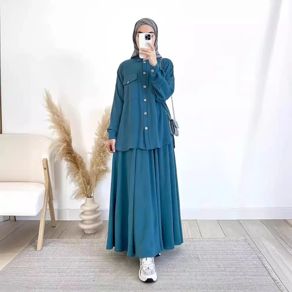 Set camicia e gonne a maniche lunghe in 2 pezzi per donna Elegante Abaya Dubai Turchia Top casual islamico Gonna monocromatica Moda