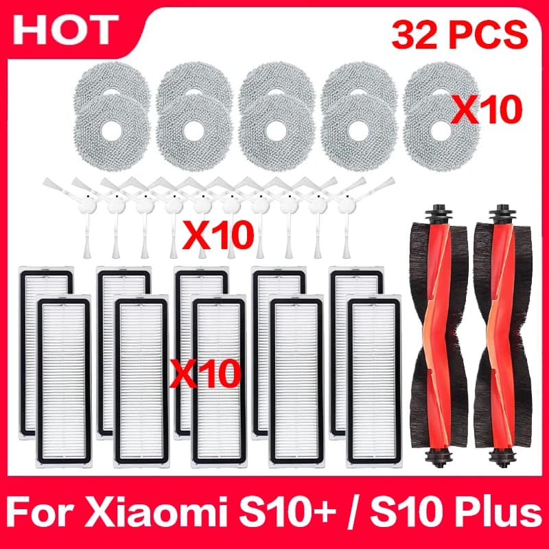 Accessori di Ricambio Compatibili per Robot Aspirapolvere Xiaomi S10+ / S10 Plus: Spazzola Principale, Spazzola Laterale, Panno per Mocio, Filtro HEPA