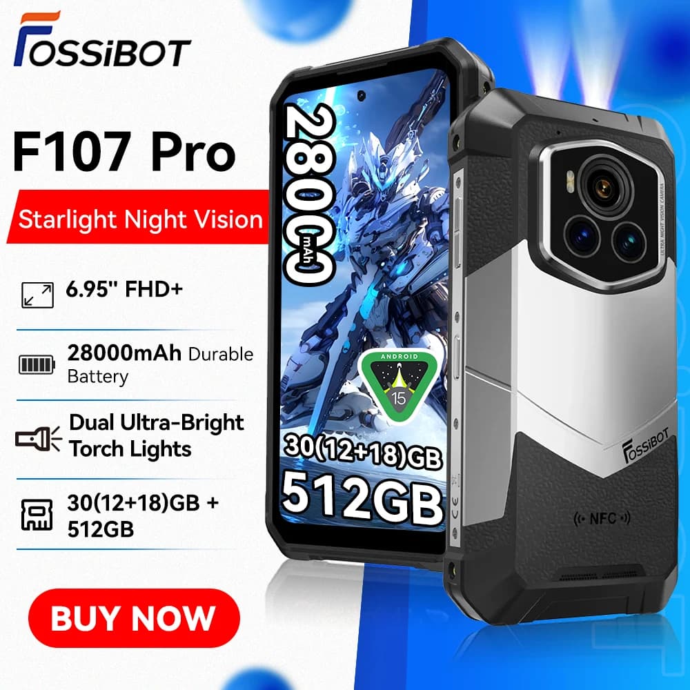 Fossibot F107 Pro Android 15 Telefono cellulare robusto 30 GB (12+18) 512 GB 28000 mAh 66 W 200 MP + 32 MP NFC/GPS Torce doppie