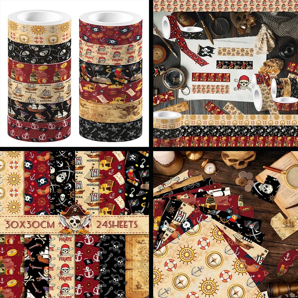 Pirate Theme Washi Tape and Scrapbooking Paper Origami Art Background Paper Card Making For Birthday DIY Craft Photo Album Decor