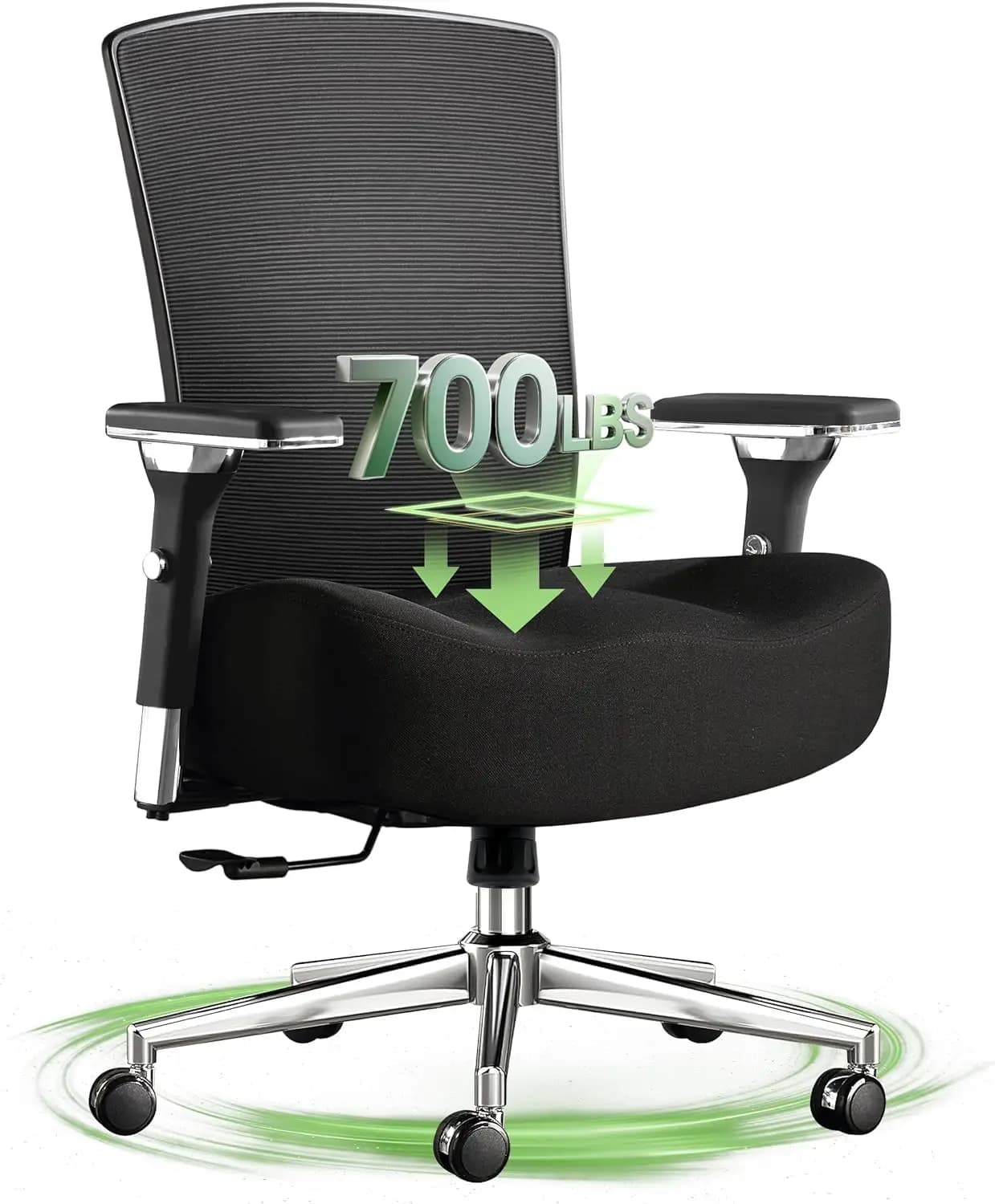 Sedia da ufficio grande e alta da 700 libbre con cuscino ergonomico per sedile largo e spesso, sedia da scrivania oversize in rete con supporto lombare regolabile