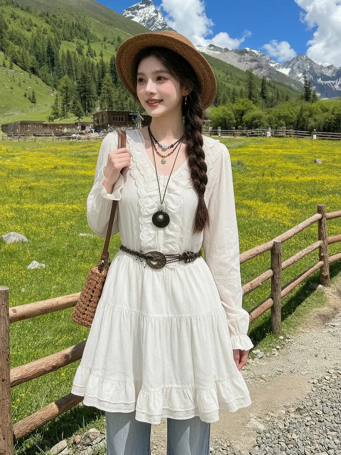Sweet Style Long Sleeve Lace Splicing Design V-Neck Women's Dress Spring New Arrival A-Line Skirt Cotton Blend Comfortable Fit