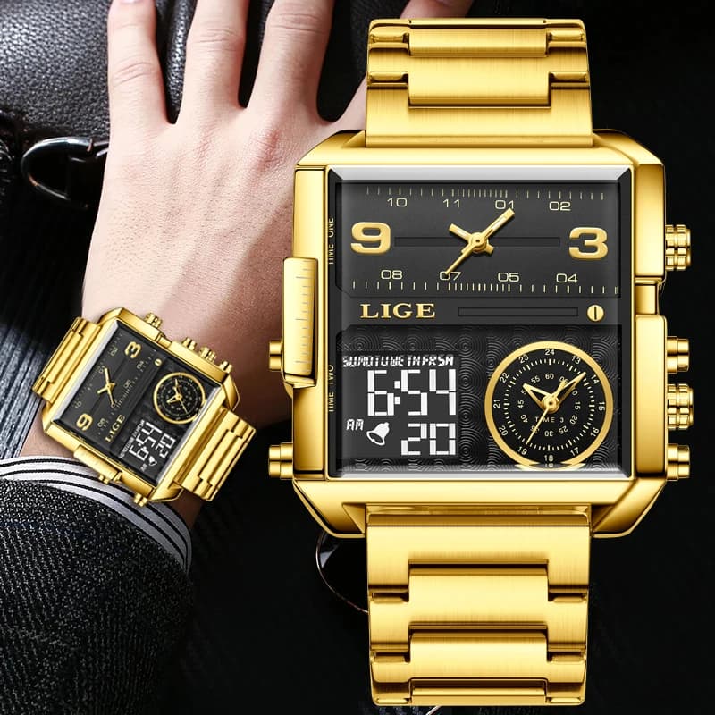 Orologio da uomo LIGE di lusso, alla moda, con cassa quadrata in acciaio, sportivo, digitale e analogico, grande orologio al quarzo da uomo, Relogio Masculino + SCATOLA