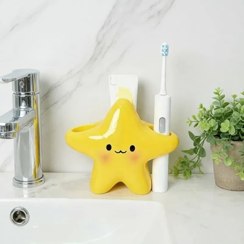Cute Star Shaped Toothbrush Holder Funny Face Freestanding Bathroom Organizer Space Saving Toothpaste Storage
