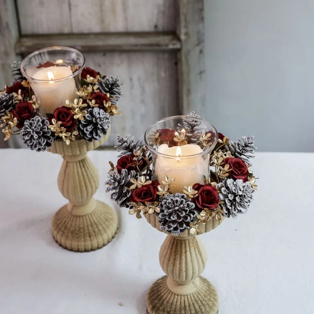 Ghirlanda di candeliere di Natale Frutta rossa Fiori artificiali Anello di candela Natale Capodanno Decorazione da tavolo Portacandele Ghirlanda