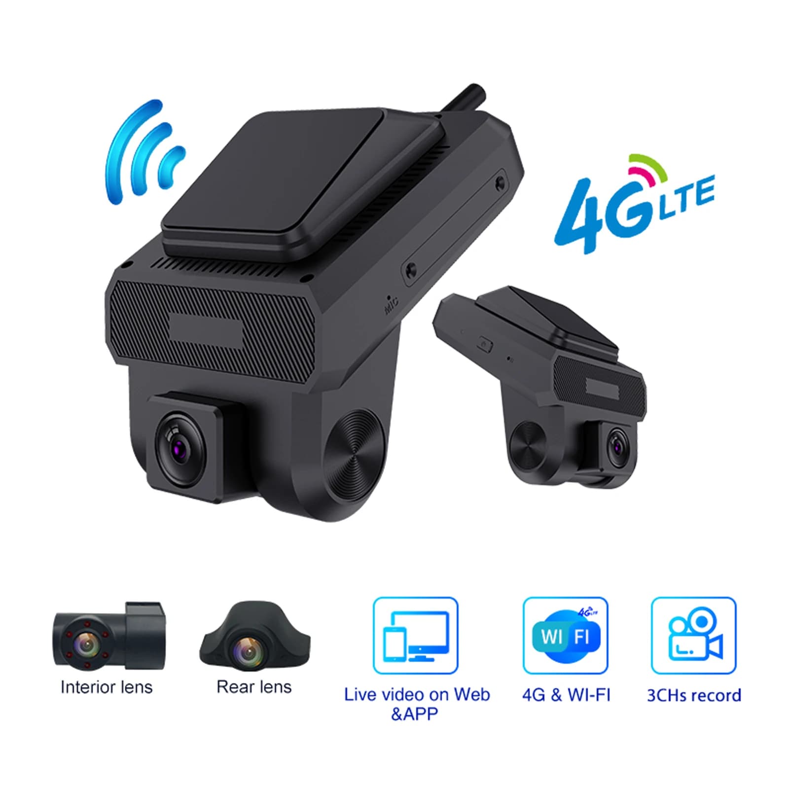 Dash Cam 4G LTE a tripla lente Telecamera da cruscotto a 3 canali FHD 1080P Obiettivo per visione notturna IR anteriore e posteriore Smart Cloud DVR Android