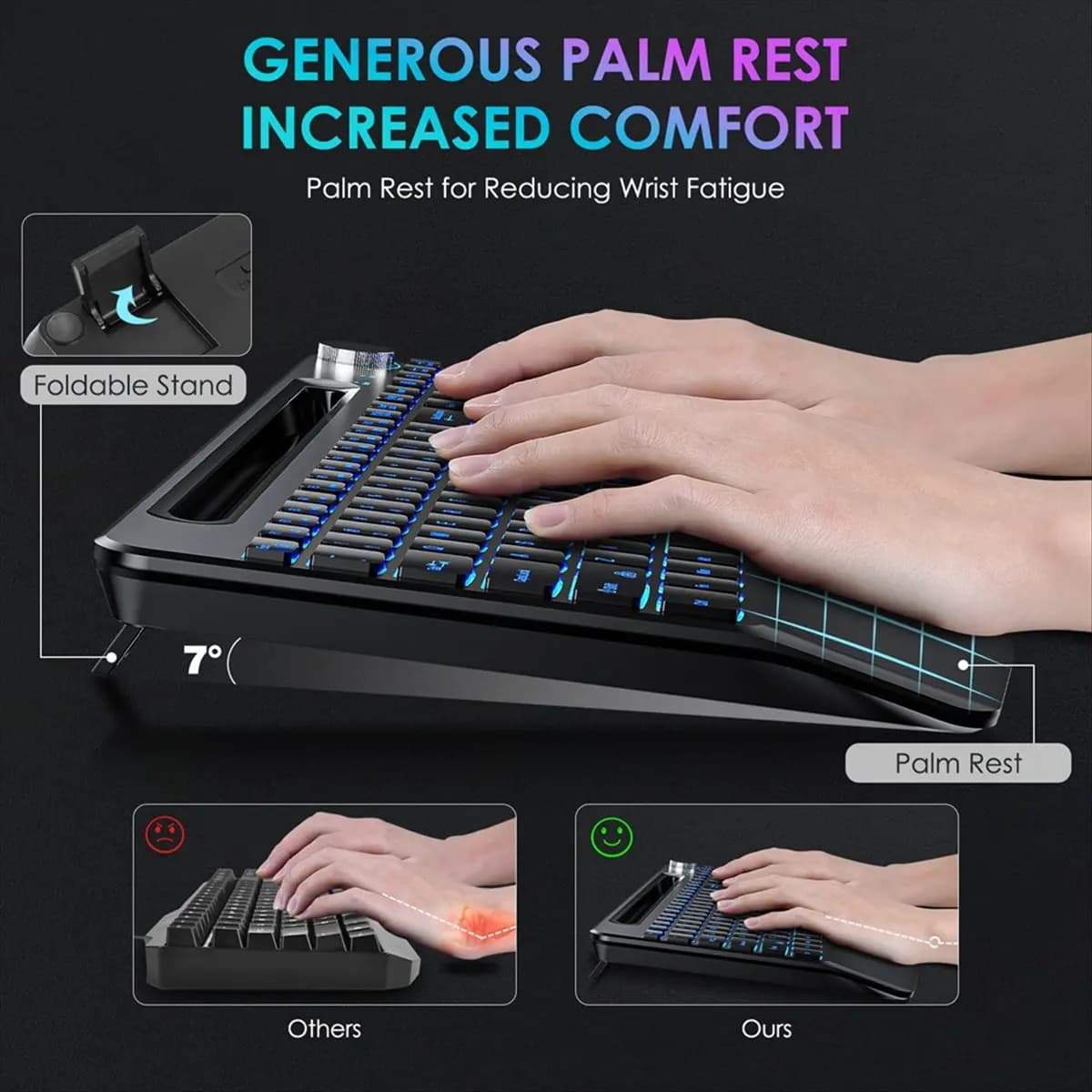 [VALUE PACK]Ergonomic 2.4G Wireless Rechargeable Keyboard Mouse Set for Laptop RGB Color Backlit with Mouse Jiggler