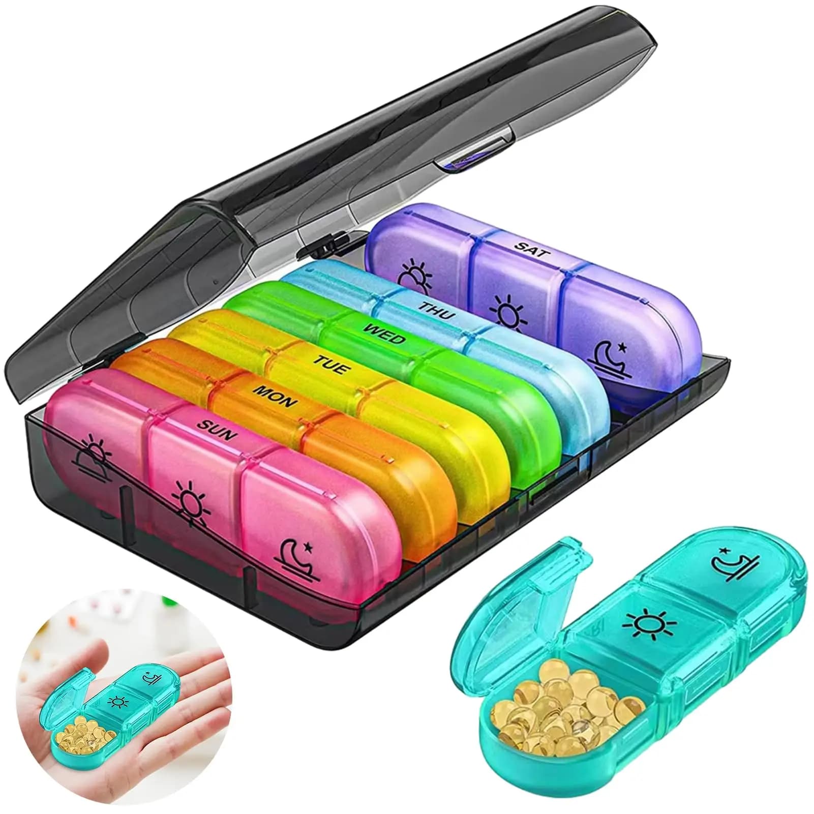 Weekly Portable Pill Box 7 Days with 3 Separate Compartments for Medications Vitamins Compartments Medicine Organizer First Aid