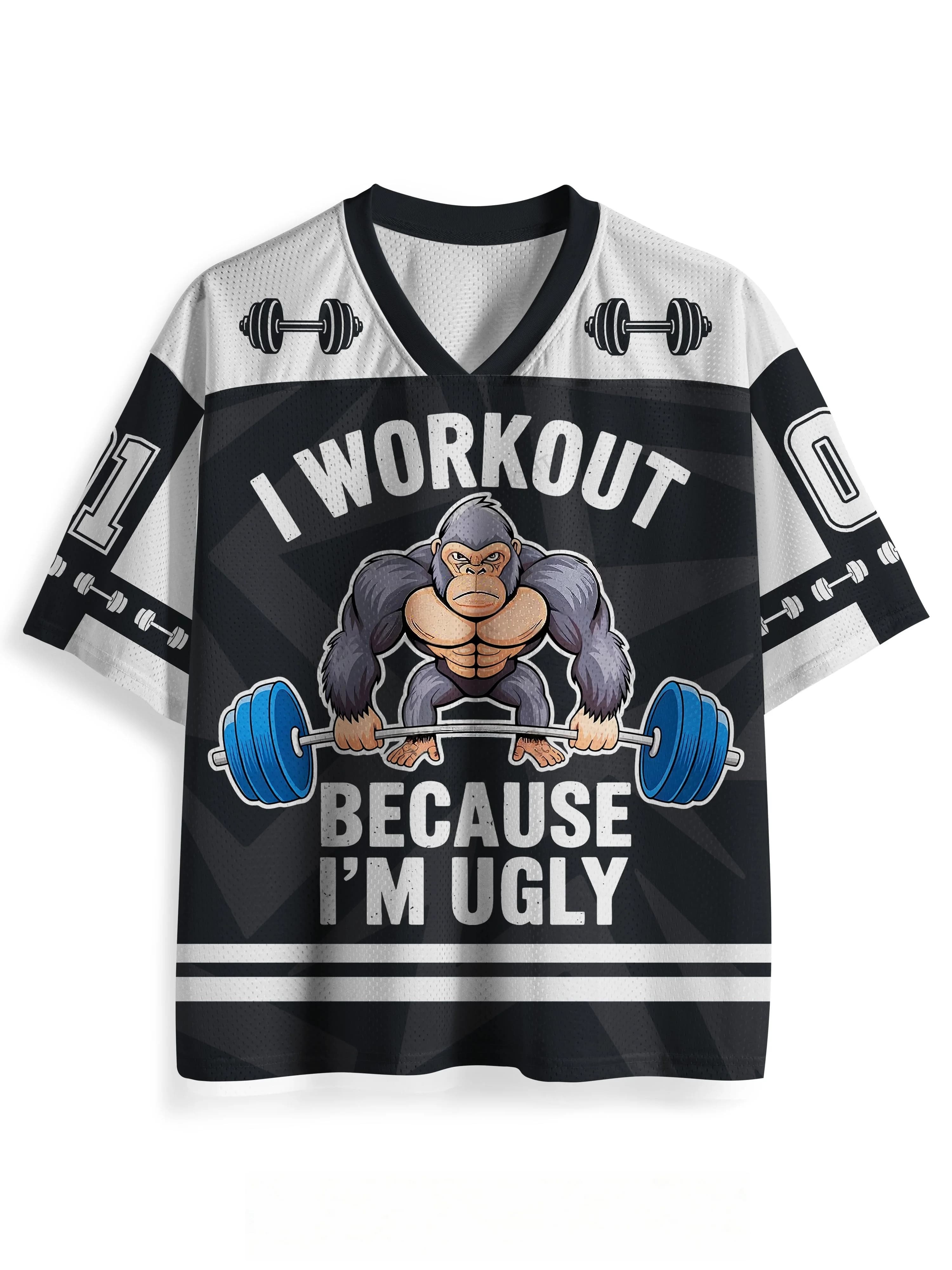 Unisex Y2K Gorilla Dumbbell Fitness Graphic Mesh Jersey V‑Neck Short Sleeve Breathable Loose Streetwear Personality Summer Tops