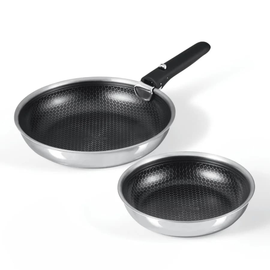 3-Piece Stainless Steel Frying Pan Set with Detachable Handle Ceramic Hybrid Nonstick Oven Dishwasher Safe Easy Stacking Black