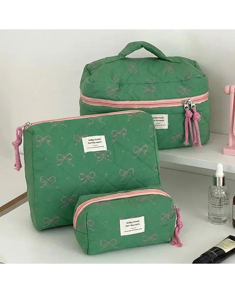 Borsa Cosmetica Fresh Green Powder Bow, organizer da viaggio portatile e capiente per studenti e feste