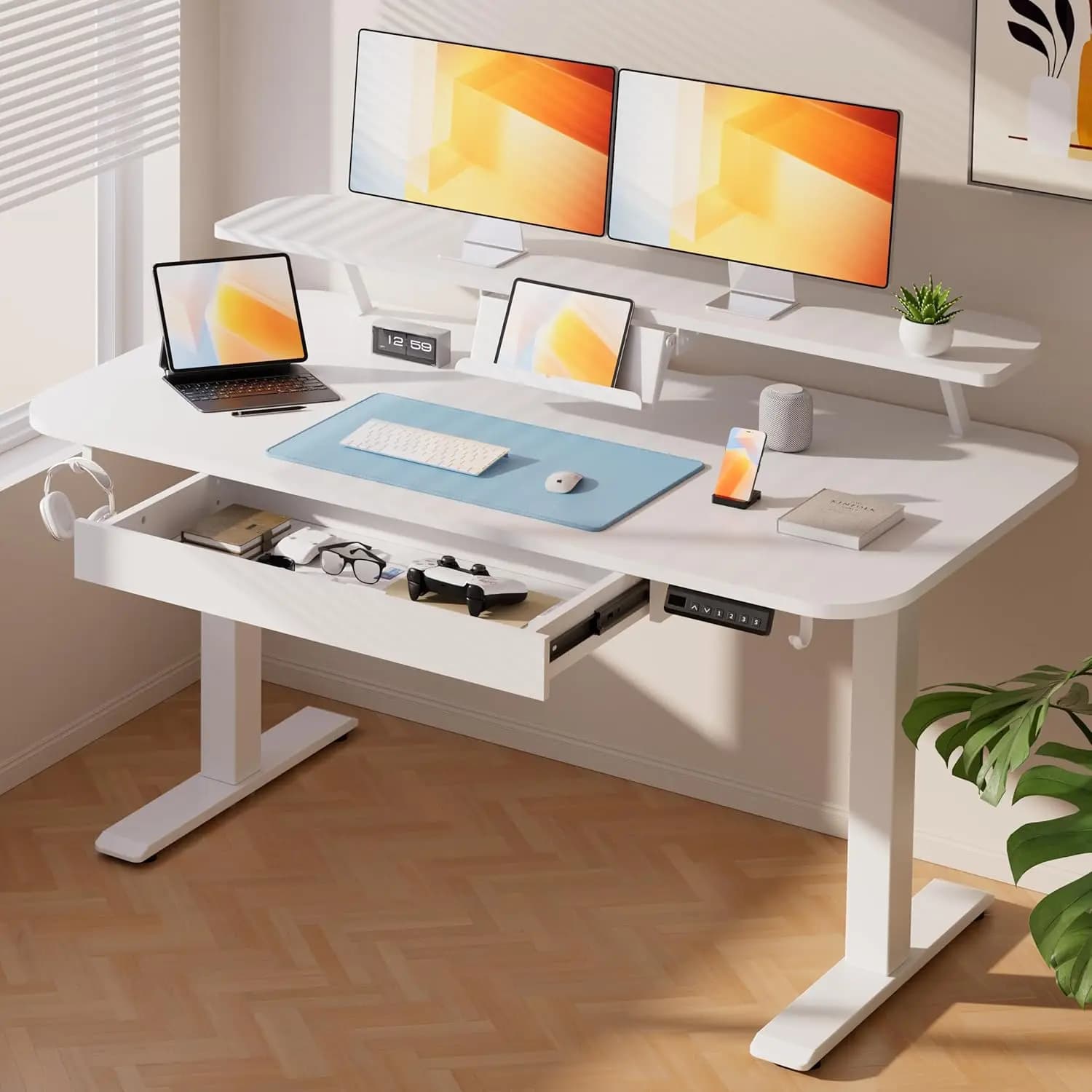 Scrivania Elettrica Regolabile in Altezza con Cassetti, Supporto per Monitor e Laptop, Ergonomica