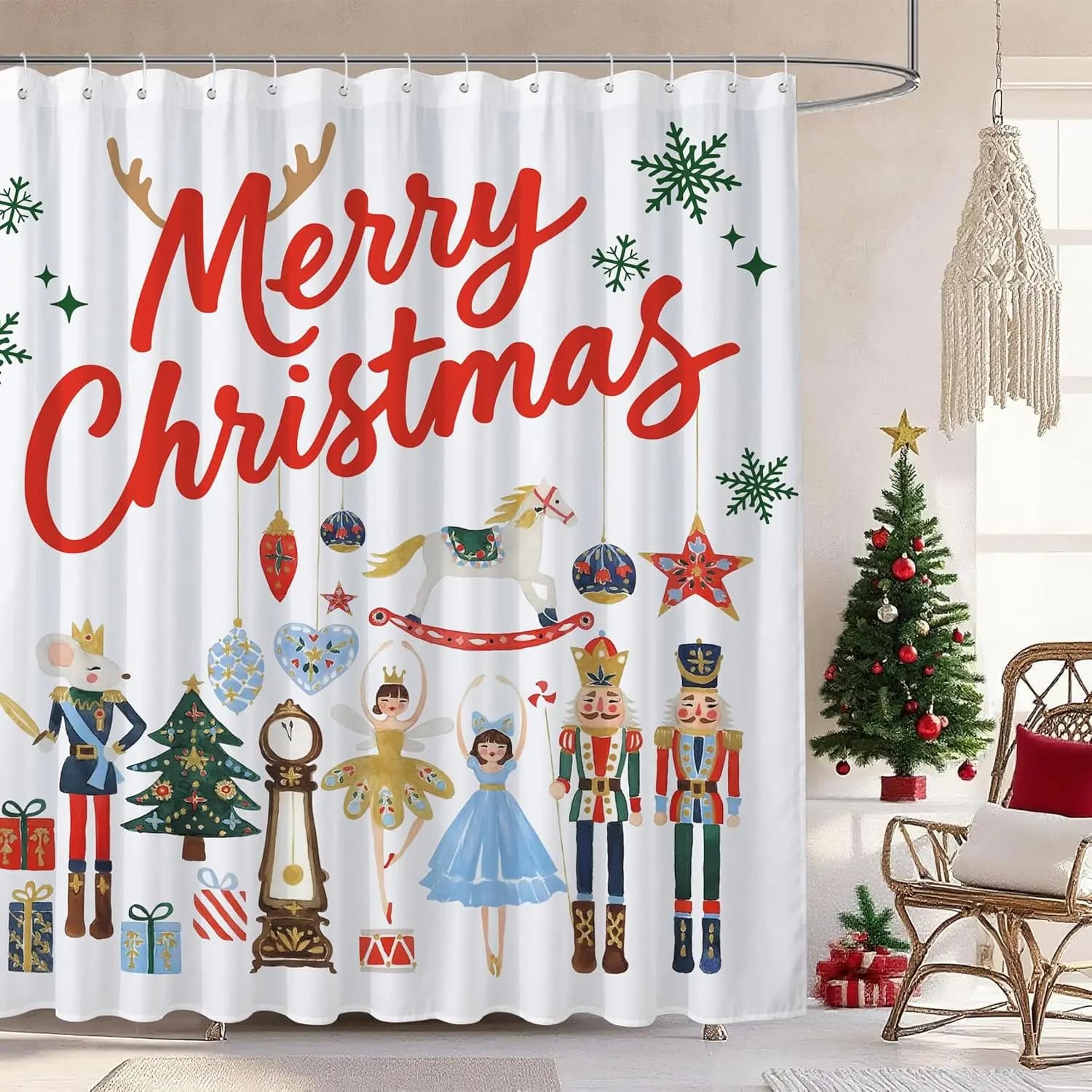 Tenda da doccia di buon Natale con motivo ad albero di fiocchi di neve, decorazione impermeabile per il bagno delle vacanze invernali, tessuto lavabile resistente