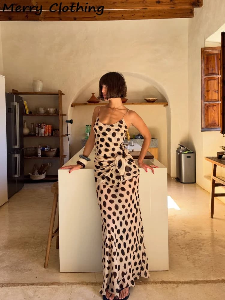 Trendy Vacation Maxi Dress For Women Animal Dots Spaghetti Straps Slimming Long Vestidos With Scarf Summer Beach Lady Dresses