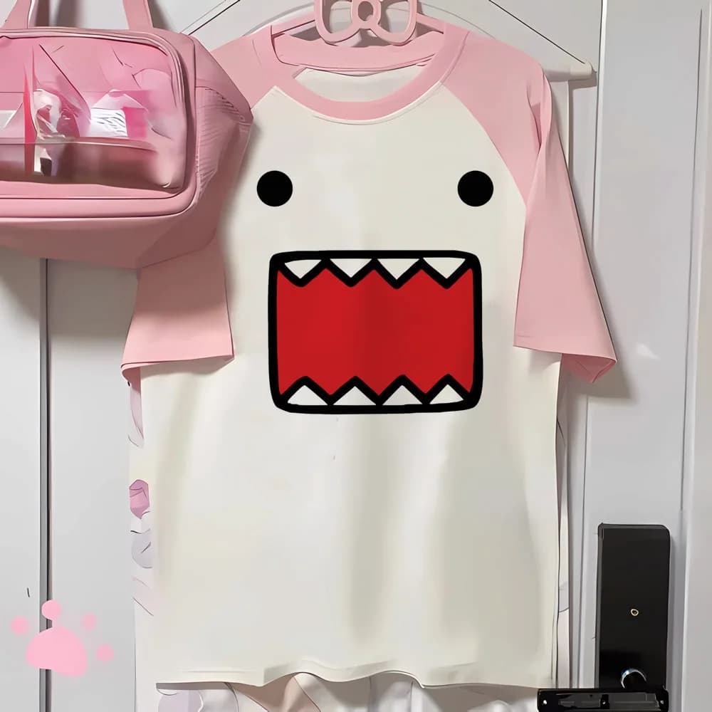 T-shirt Raglan - Maglietta rosa e bianca con grafica iconica, estetica Kawaii, ideale per i fan della cultura pop e degli outfit carini