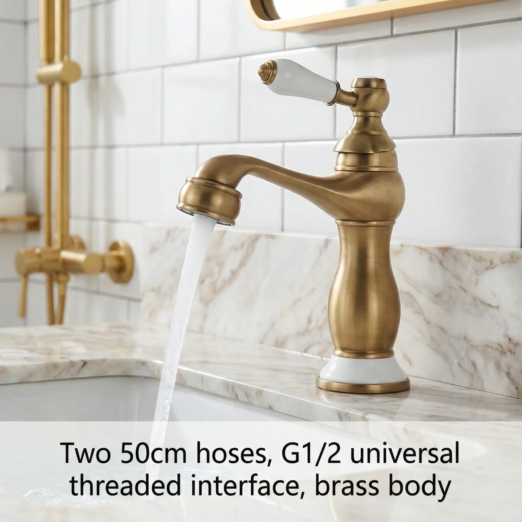 Antique Brushed Bronze Single Handle Bathroom Faucet, Solid Brass Vintage White Ceramic Lever Curved Spout Vanity Basin Tap