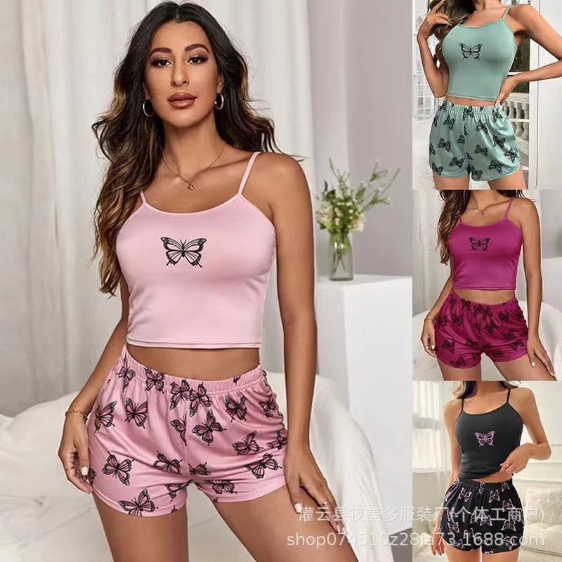 Pigiama estivo transfrontaliero in seta latte con pantaloncini a bretelle e farfalle, set homewear per il commercio estero