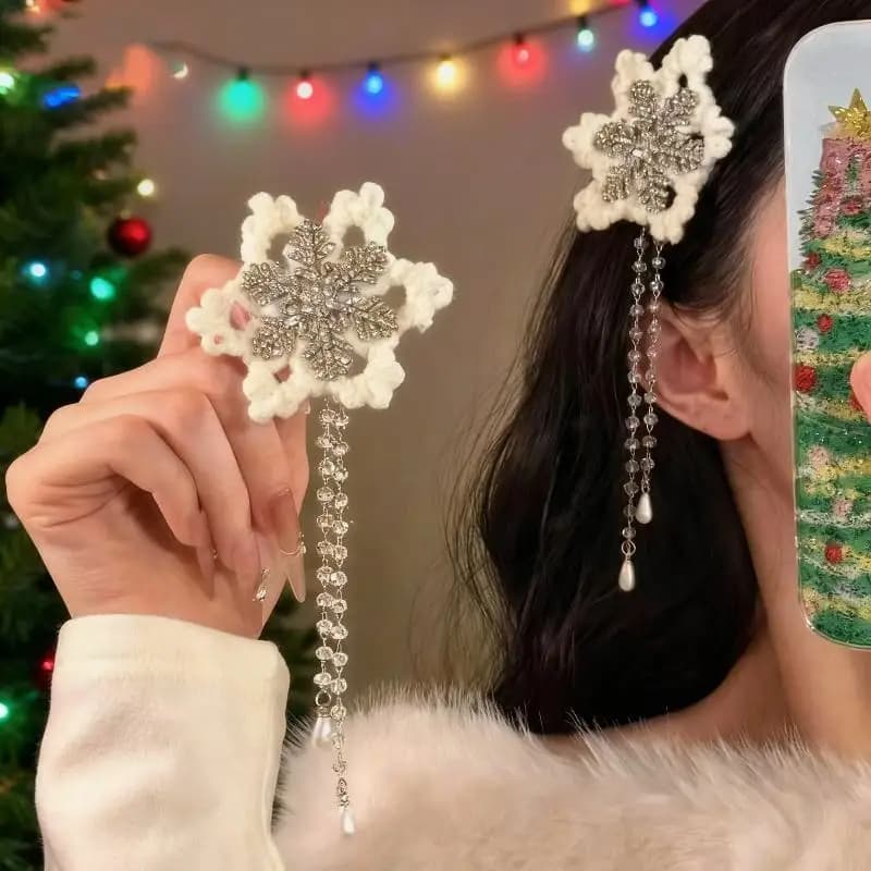 1 paio di fermagli per capelli con fiocco di neve, fermagli per capelli con nappa con strass, clip laterale soffice per donne, ragazze, temperamento, accessori per capelli dolci