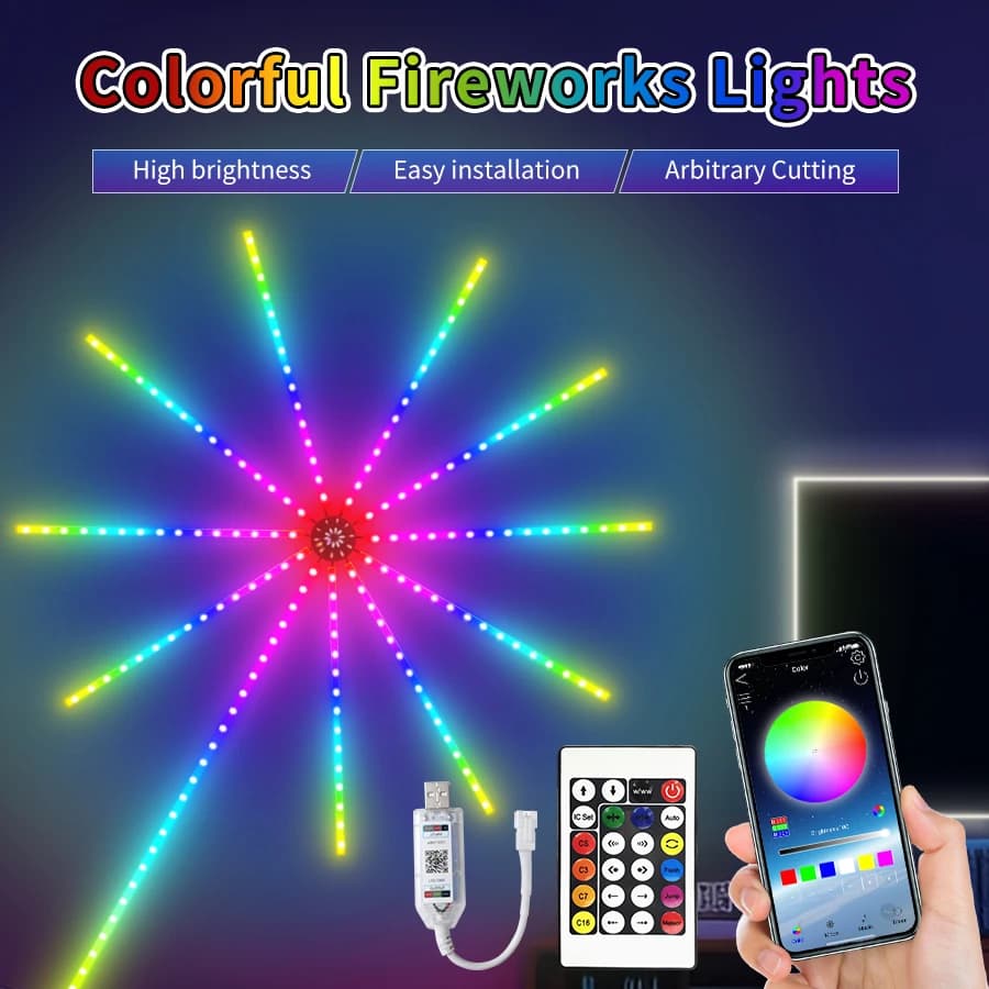 Fuochi d'artificio Luci a stringa LED USB 5V RGBIC Strisce luminose per festival Matrimonio Decorazioni per feste di Natale Sincronizzazione musicale Lampada meteorologica da sogno