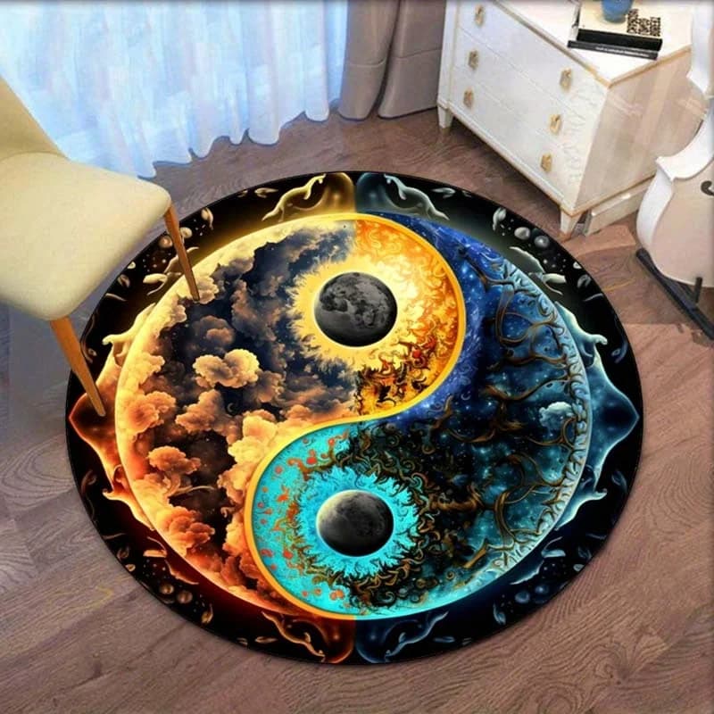 Yin Yang Cosmic Moon Pattern Tappeto rotondo Tappetino in velluto di cristallo Equilibrio spirituale Art Decor Soggiorno Camera da letto Tappeto