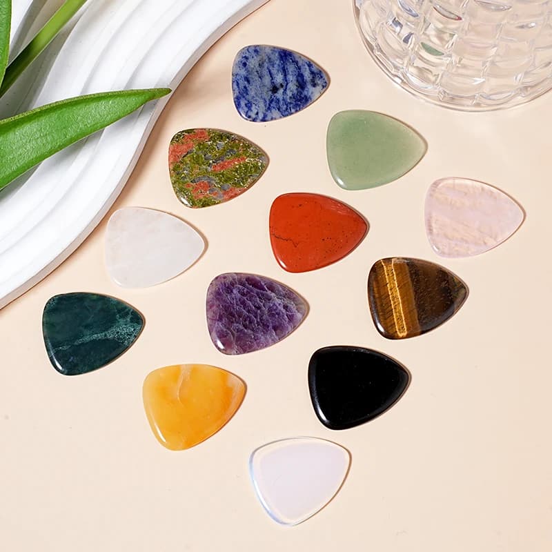 6PCS Natural Gemstone Guitar Pick Handmade Carved Disc 27x32mm for Electric Guitar Bass Pendant Decor Gift