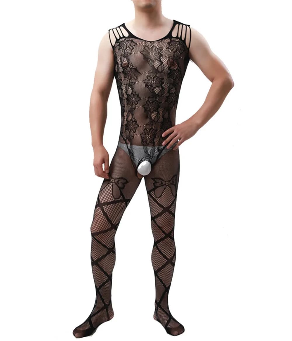 Full body for sexy man, elasticized, with carved floral pattern, tight, comfortable, underwear by night.