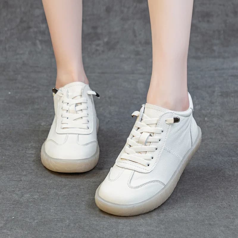 New 2025 Women's Casual Sports White Shoes Soft Calfskin Fashionable Plain Color round Toe Flat Heel Comfortable Trainer Shoes