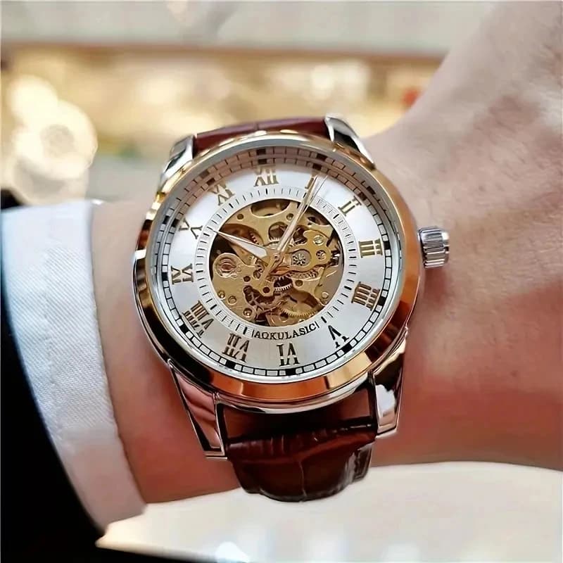Elegante orologio scheletrato meccanico automatico da uomo: cinturino in pelle, quadrante con numeri romani, movimento automatico, adatto sia per abbigliamento business che casual, regalo ideale per giovani uomini, orologio da uomo business casual | Orologio da Polso con Design Traforato | Durevole