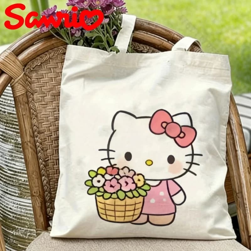 1PC Sanrio Hello Kitty con stampa di cesti di fiori Borsa a tracolla in tela ecologica