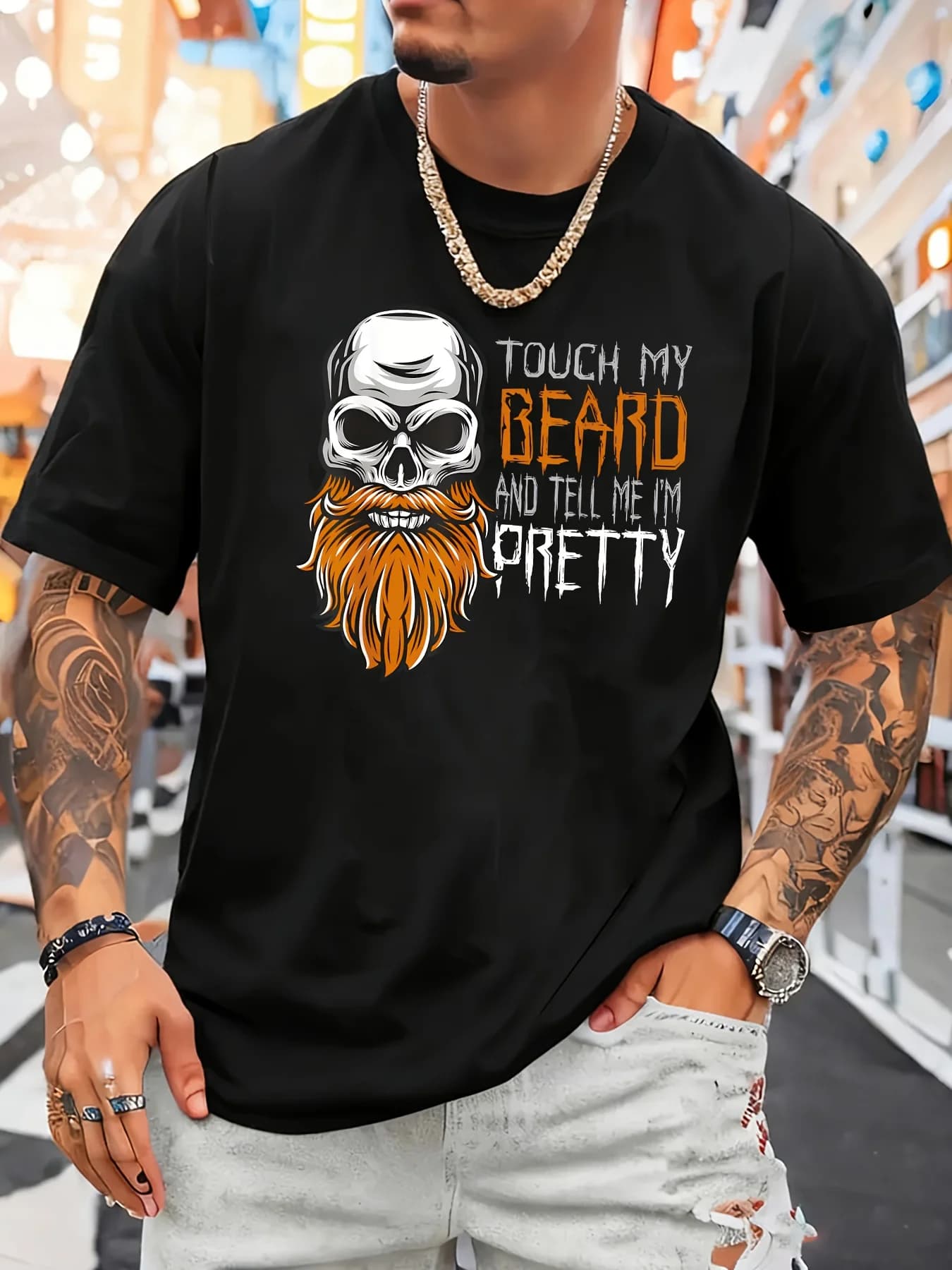 [Skull Print T-shirt] Men's Bold Orange and White Skull Pattern T-shirt - Soft Round Neck Short Sleeve Casual Streetwear - Comfortable Fit for All Seasons | 1 Beard Skull T-shirt