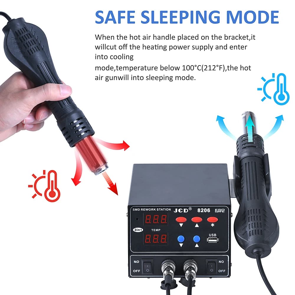Stazione di saldatura SMD JCD 800W 8206 Calore rapido Pistola di calore 3 in 1 Interfaccia USB Display a LED Saldatore Stazione di saldatura di rilavorazione BGA