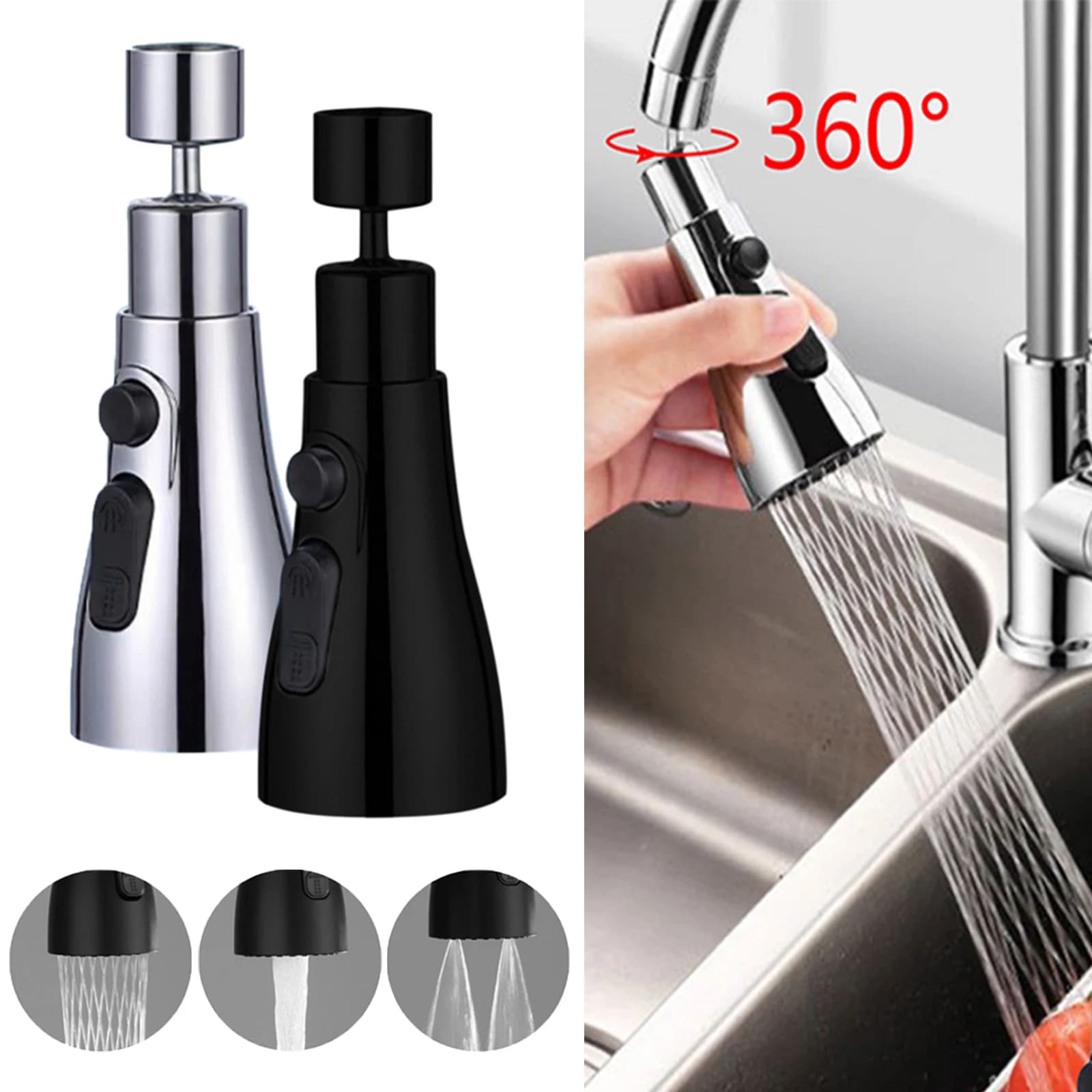 Prolunga per rubinetto da cucina 3 in 1 universale 360 ° Ruota estraibile Rubinetto da cucina Accessori da cucina con forte scarico multimodale