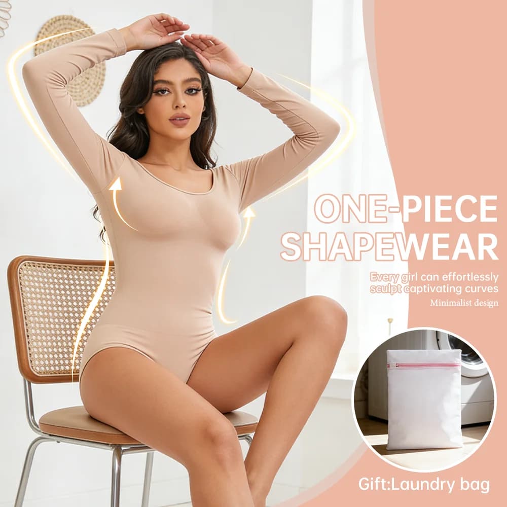 POKARLA 1PC Women Long Sleeve Bodysuit Tummy Control Waist Butt Lifter Adjustable Strap Hook Eye Body Shaper Free Laundry Bag