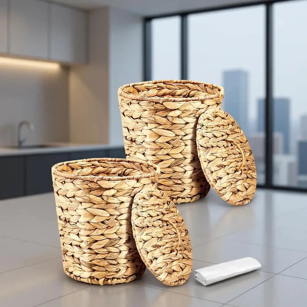 Cestino per Rifiuti in Vimini di Media Dimensione con Coperchio e 100 Sacchetti per la Spazzatura per Casa, Ufficio e Cucina
