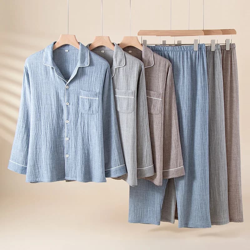 Spring Autumn Men's Pajama Set Cotton Gauze Solid Color Long Sleeve Home Clothes Two Piece Set