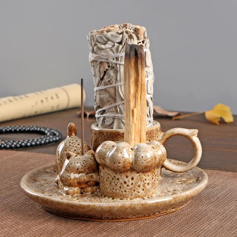 Bruciatore di incenso in ceramica a tre usi Palo Santo Porta bastoncini Bruciatore di incenso Porta salvia Vassoio raccogli cenere Prodotti profumatici per la casa