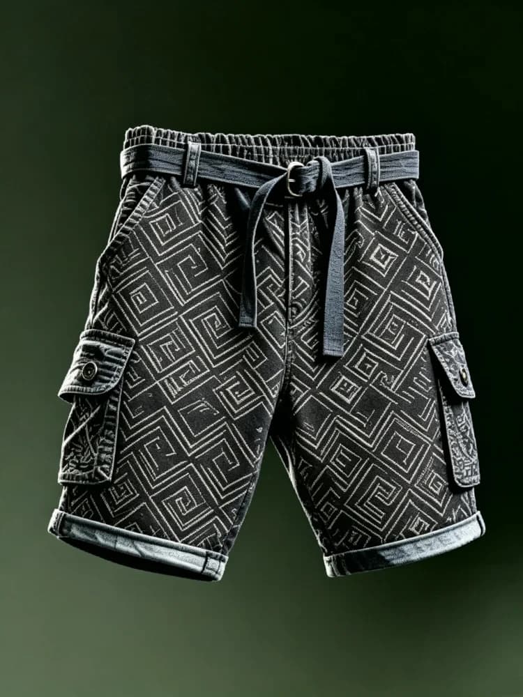 Mens Cargo Shorts Geometric Pattern Print Loose Fit Vintage Streetwear Denim Shorts with Belt