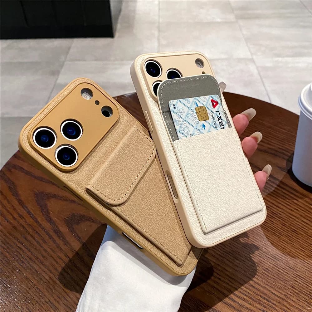 luxury Leather Card Holder Wallet Case For iPhone 11 12 13 mini 14 15 16 E 17 Pro Max 8 7 Plus X Camera Lens Protection Cover
