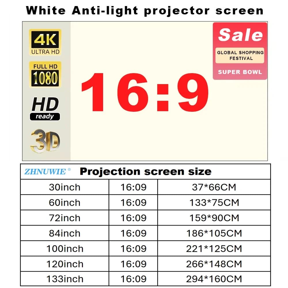 Schermo per proiettore 16:9 Tenda anti luce pieghevole riflettente ad alta luminosità con griglia bianca 100 120 133 150 pollici HD per la casa all'aperto