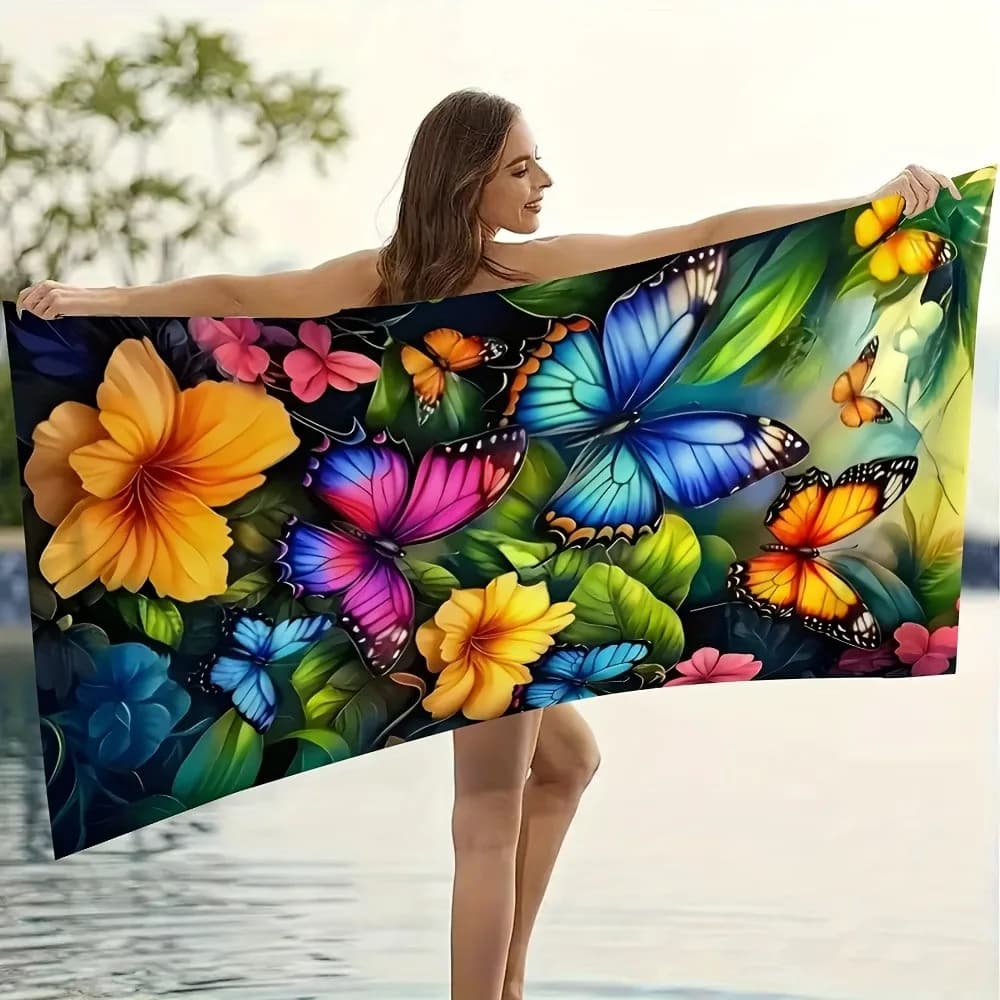 Telo mare vibrante con motivo floreale e farfalle, protezione solare e antivento, adatto per piscina, campeggio, viaggi, coperta