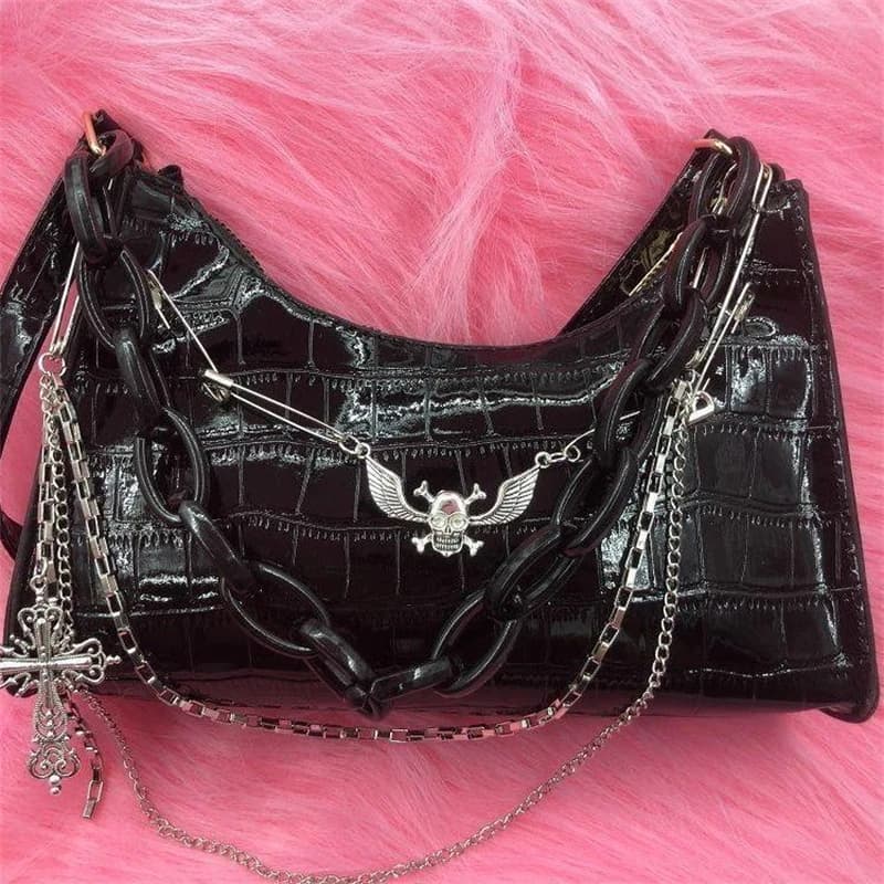 Borsa a mano modello coccodrillo Borsa a tracolla con teschio incrociato Y2k Borsa sottocultura estiva con catena per ragazza calda Borsa sotto le ascelle punk scuro