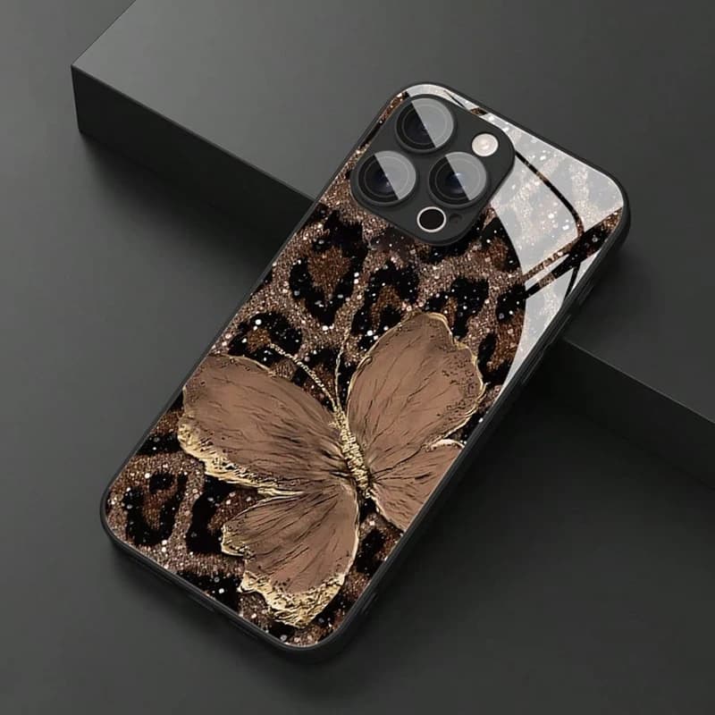 Custodia per telefono in materiale di vetro con motivo leopardo a farfalla di lusso per iPhone 17 16 15 14 Pro Max 13 12 11 16E 7 8 Plus XR XS X Cover