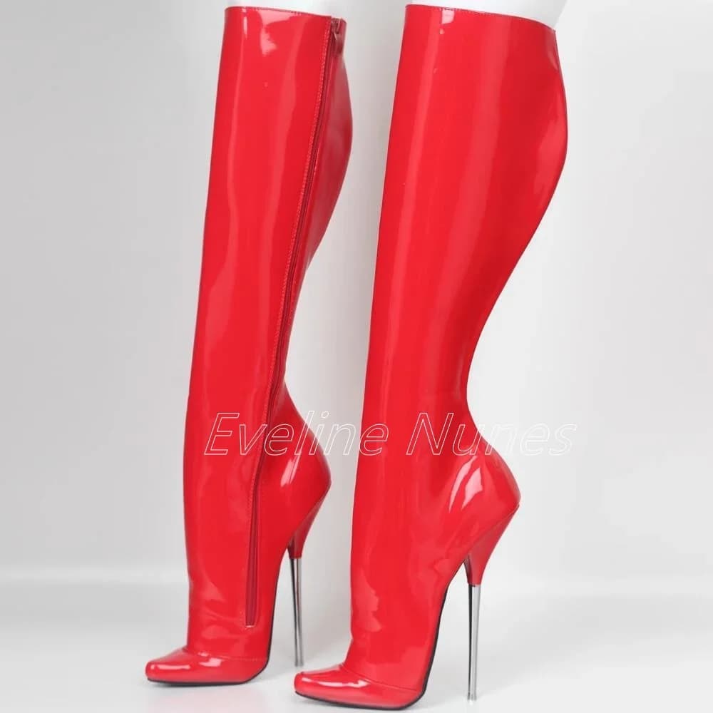 2024 stivali a spillo rossi nuovo arrivo in pelle verniciata solida con cerniera laterale a punta eleganti scarpe da discoteca Sexy per calzature