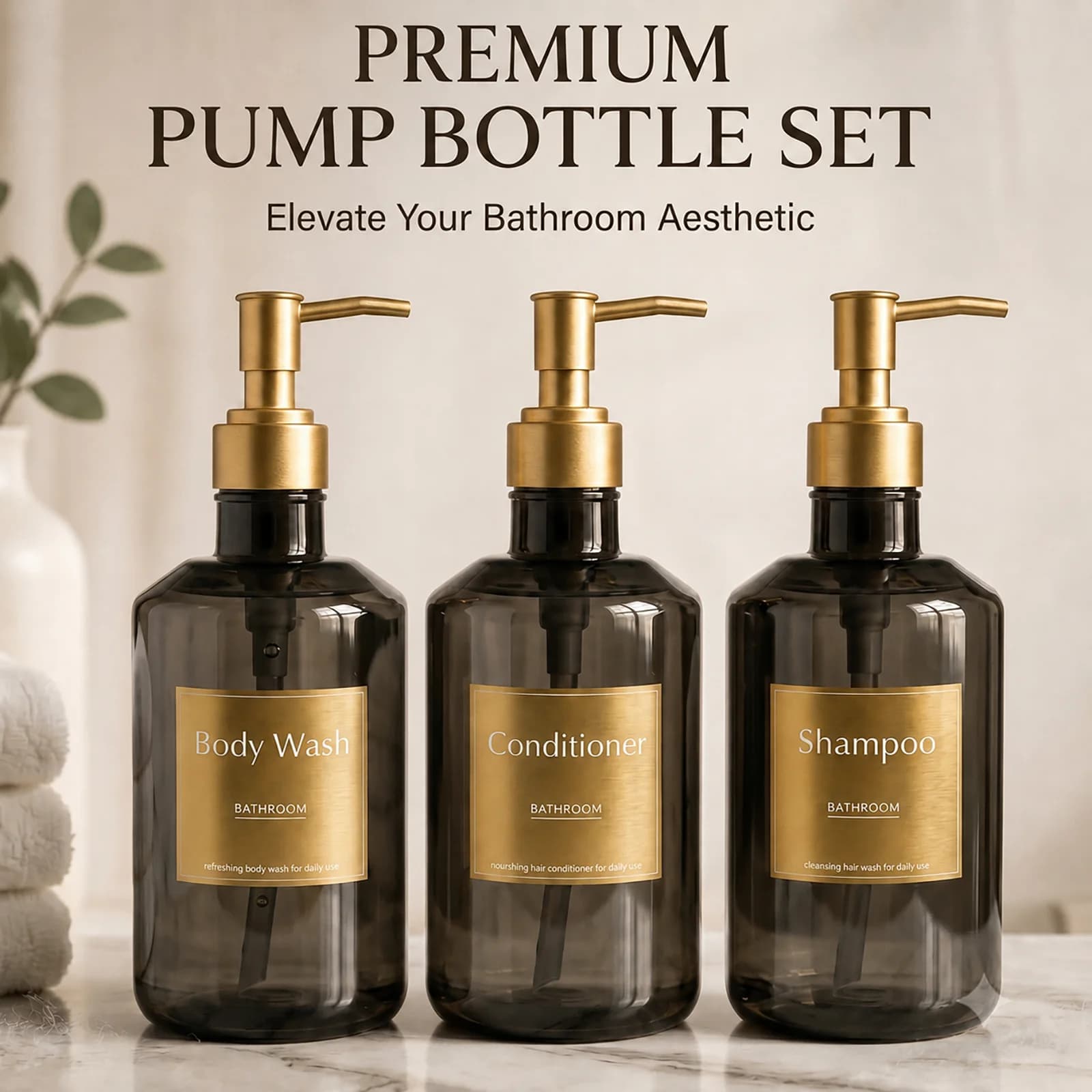 Trans-Black Shampoo and Conditioner Dispenser Plastic Pump Bottles for Luxury Hotel Style Bathroom Decor Refillable Bottles